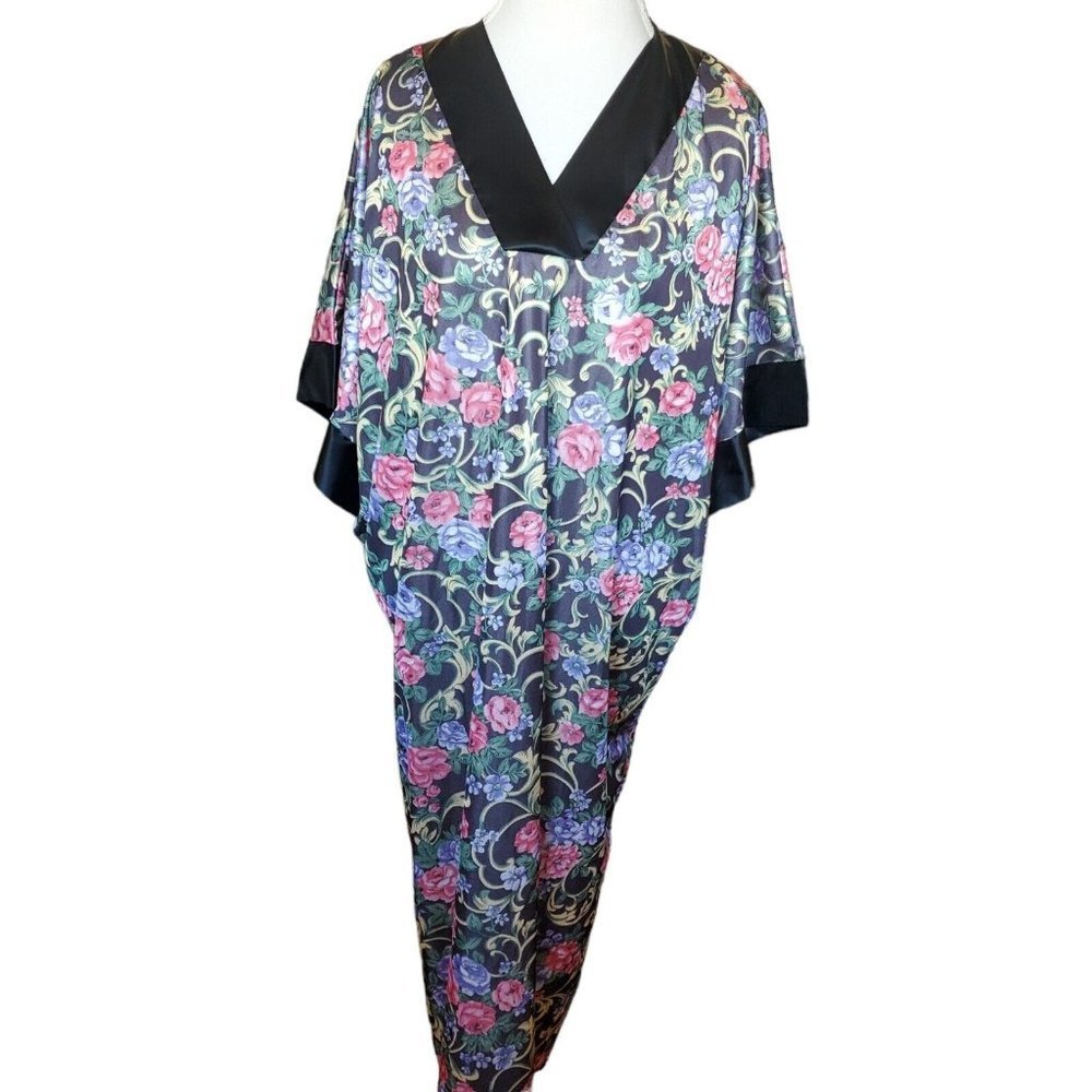 Vintage Black Floral Brocade Muumuu Kaftan Roses Nylon One Size Made in USA‎